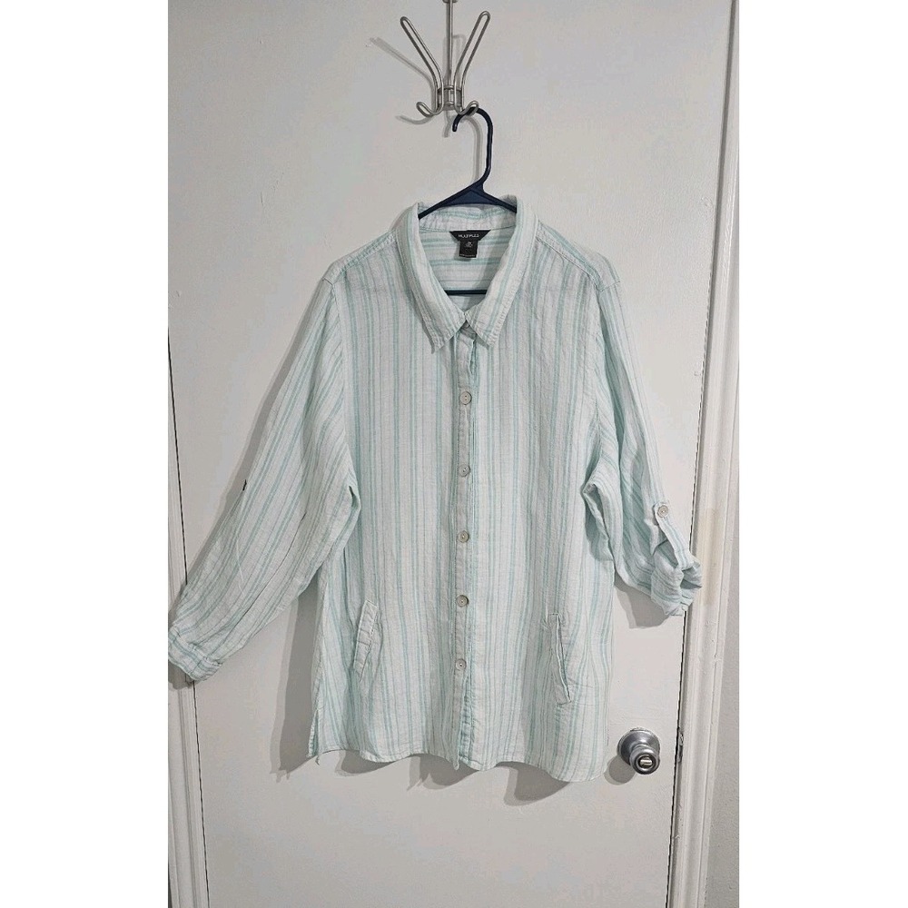 Multiples Striped‎ 100% Linen Button-Down Shirt 2X White Green Roll Tab Sleeves